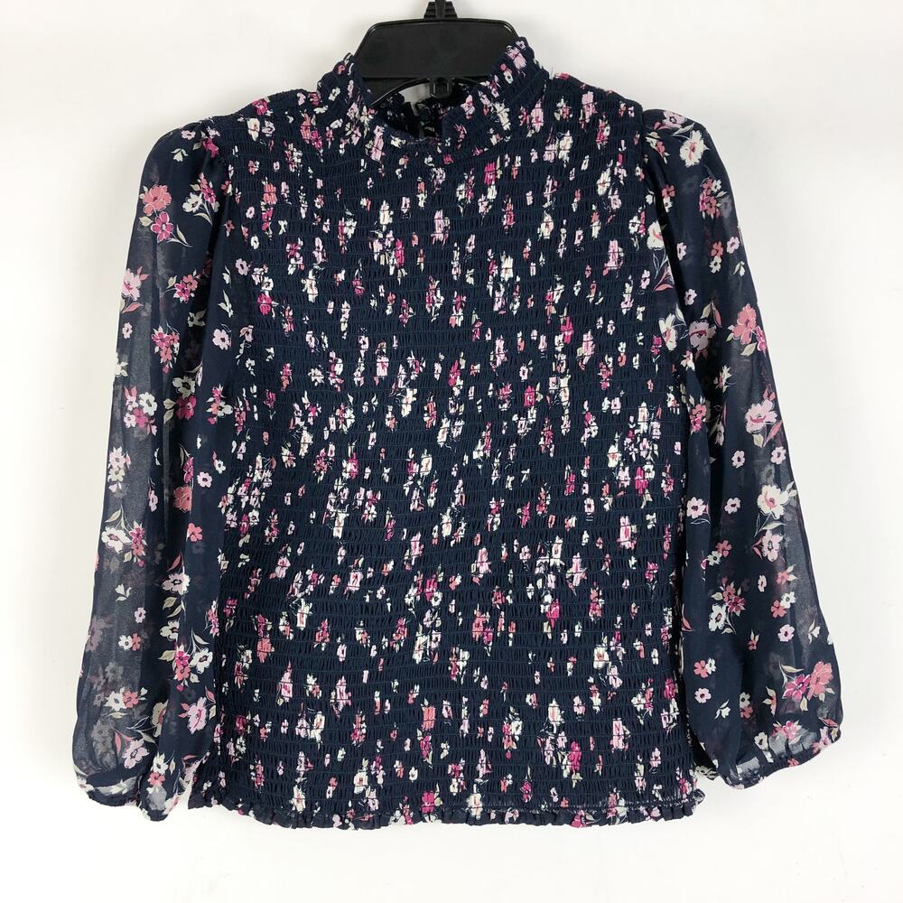 Socialite Womens Floral Smocked Crop Top XS Blue Mock Neck 3/4 Sleeve NWOT